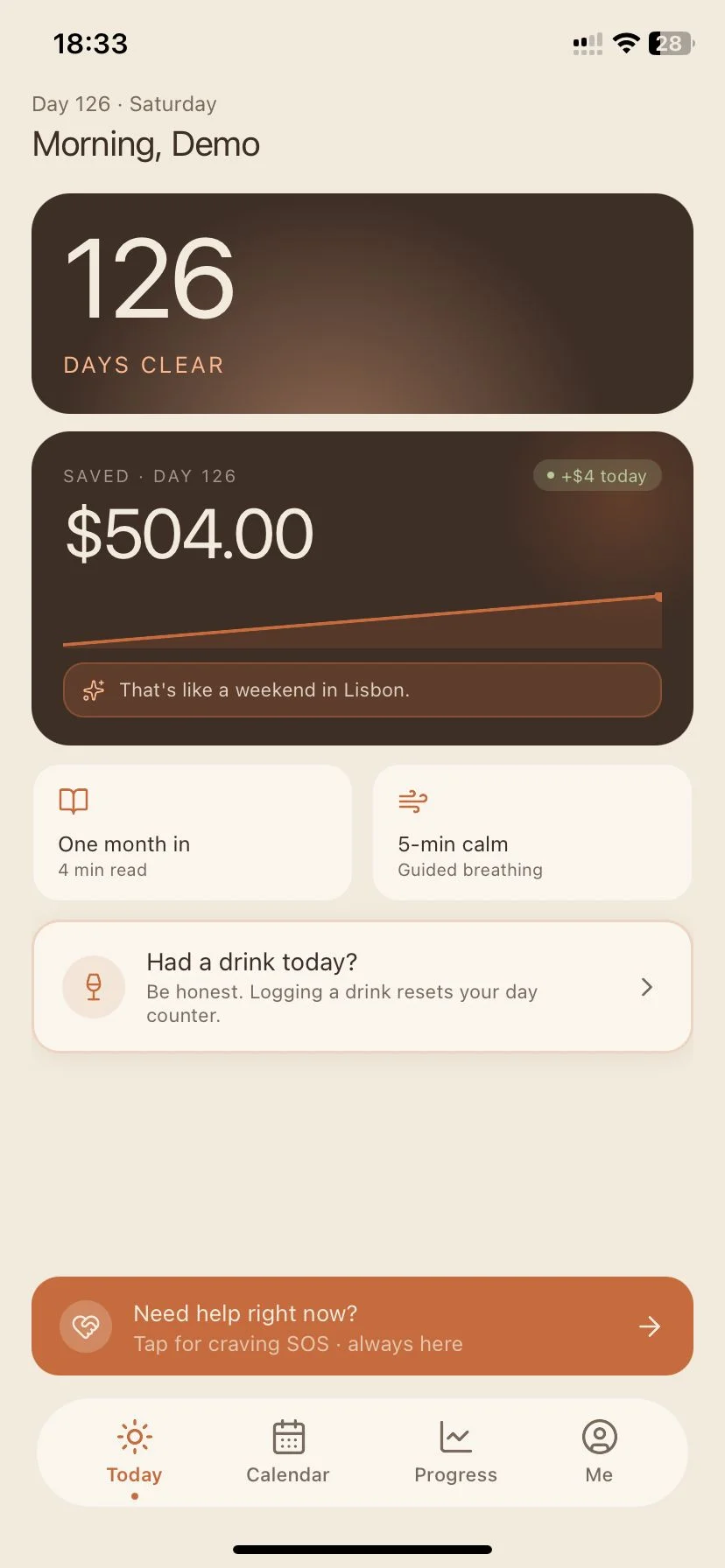 embr app Today screen showing 126 days clear and $504 saved